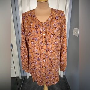 J Jill Burnt‎ Orange Floral Button Up Blouse Peasant Top